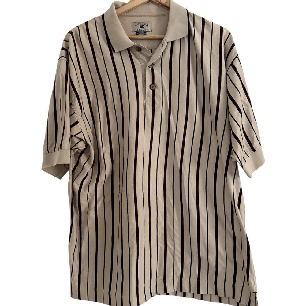 Cutter & Buck Beige and Black Striped Polo EUC